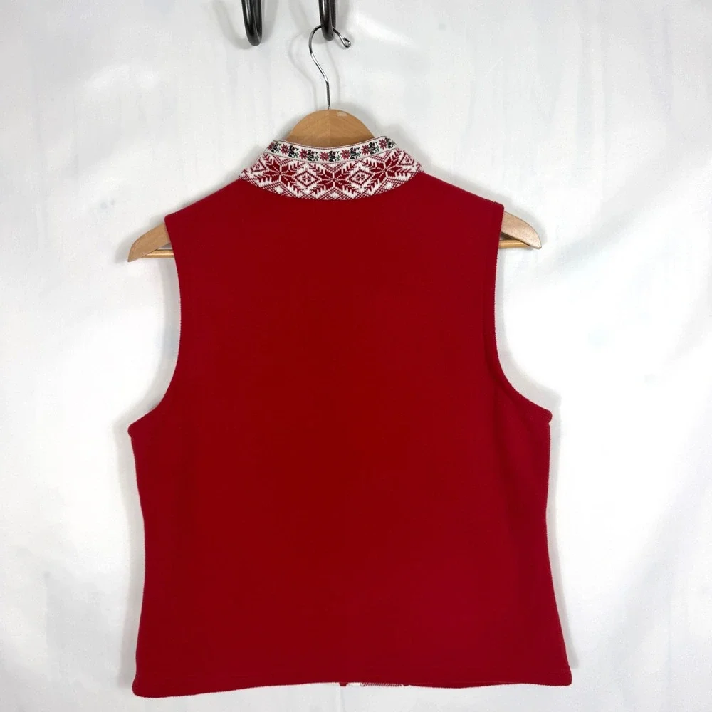 LL Bean Fleece Vest Womens Med Red Nordic Isle Snowflake Full Zip Outdoor Layer